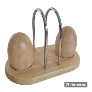NWOT Metal and Solid Wood Egg-Shaped Salt And Pepper Shakers With Napkin Holder